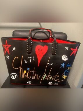 Christian Louboutin Black Leather Graffiti Tote with Red Heart